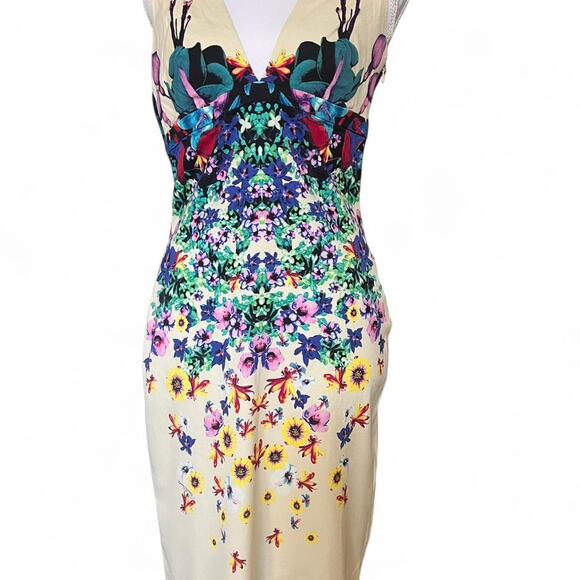 Roberto Cavalli Floral Bodycon Dress – Stretchy Midi – Ecru  US 8, M Designer - Picture 2 of 8